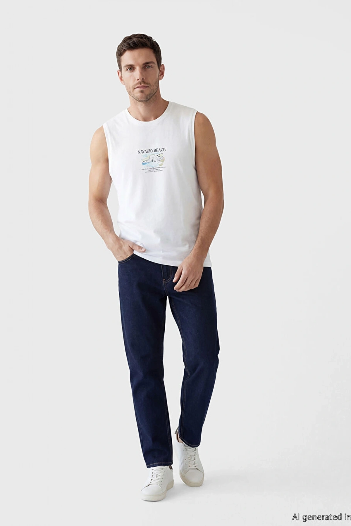 LCWAIKIKI Classic Beyaz Bisiklet Yaka Baskılı Erkek Kolsuz Tişört