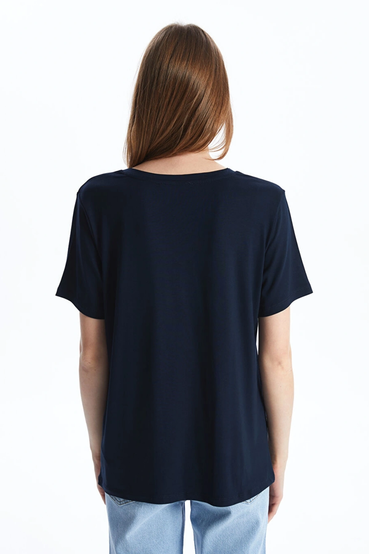 LC WAIKIKI Lacivert V Yaka Düz Kısa Kollu Kadın Tişört