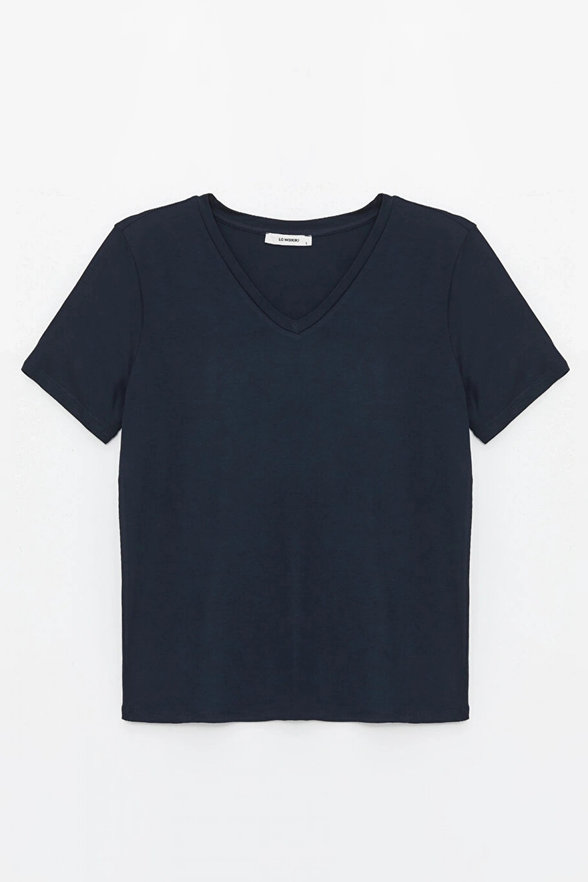 LC WAIKIKI Lacivert V Yaka Düz Kısa Kollu Kadın Tişört