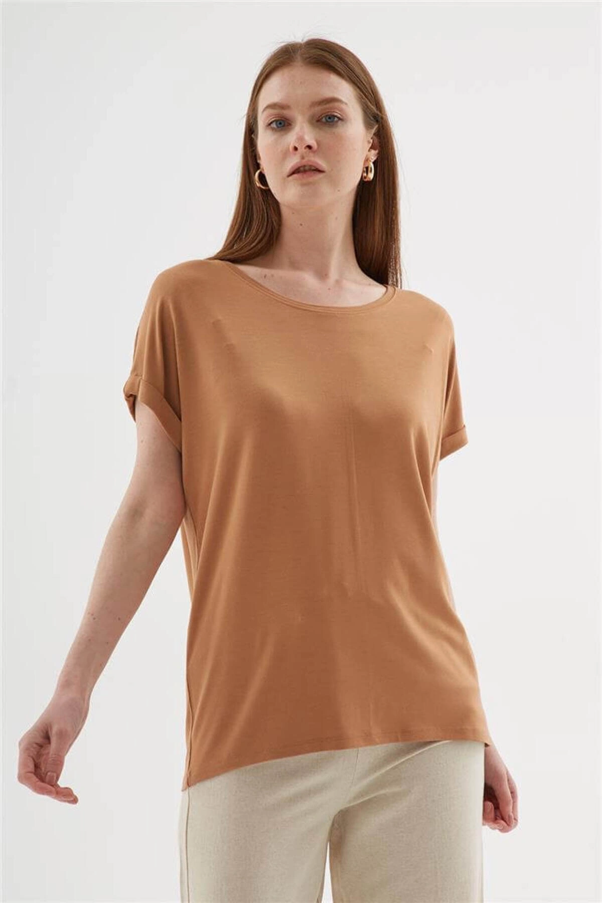 Fashion Friends Bisiklet Yaka Dökümlü Viskon Bluz Kahve
