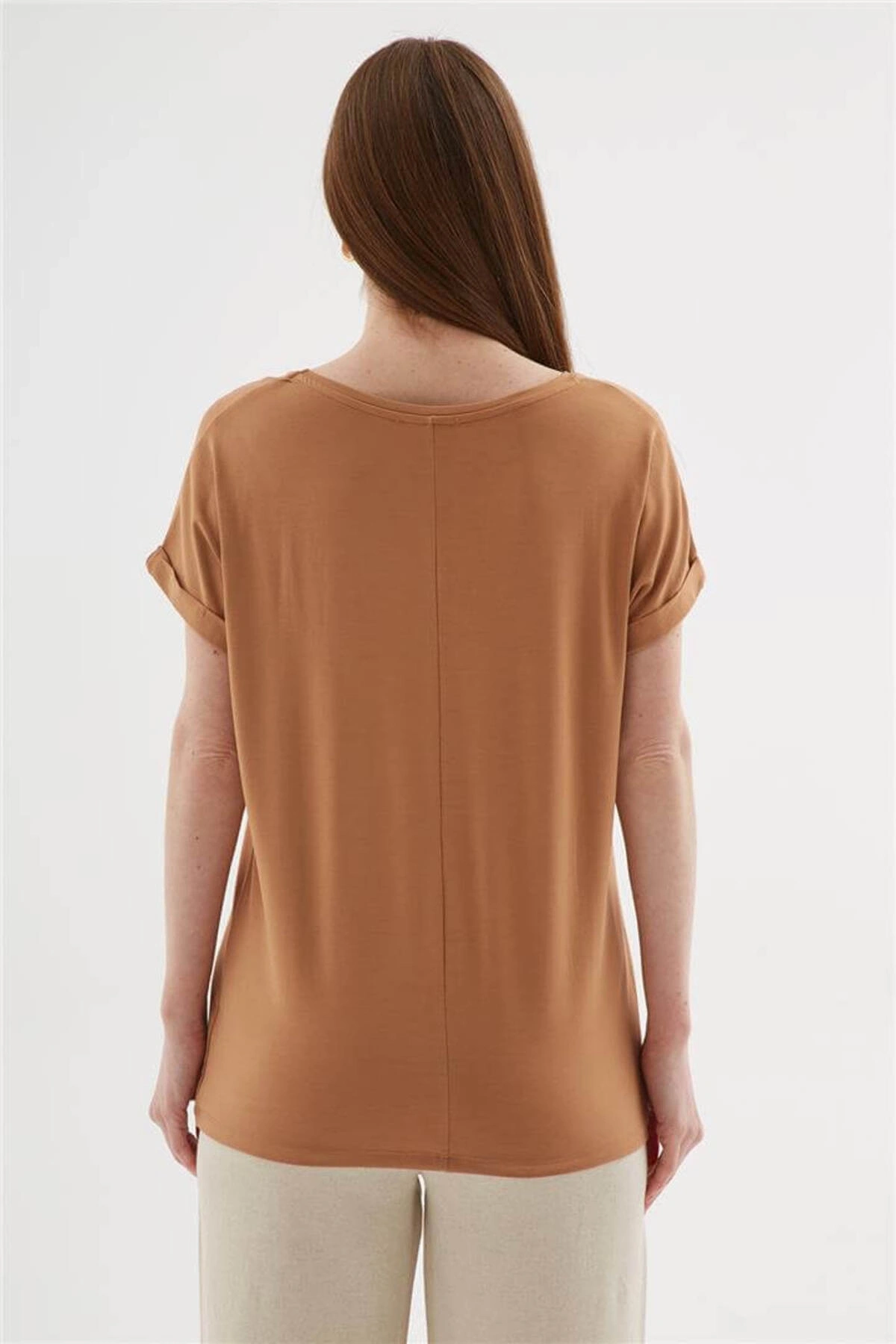 Fashion Friends Bisiklet Yaka Dökümlü Viskon Bluz Kahve