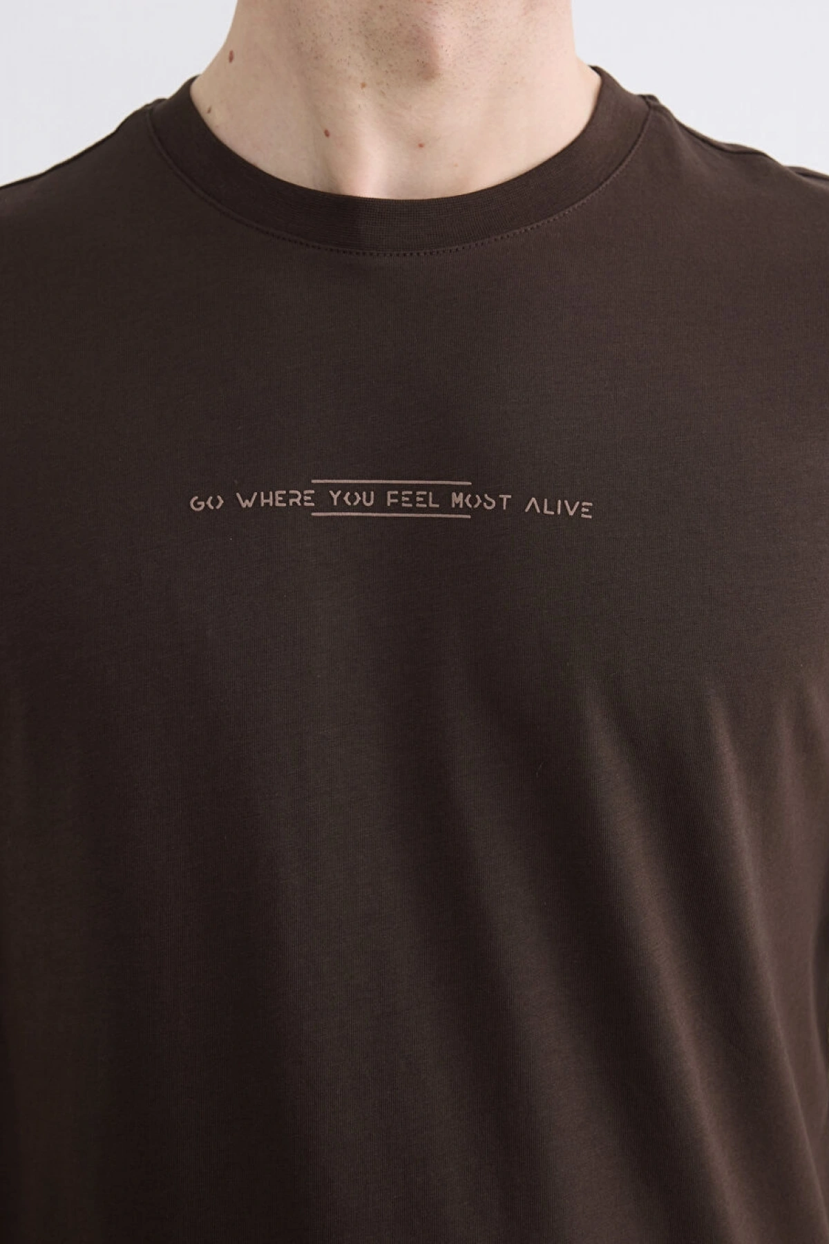 LCWAIKIKI Classic Kahverengi Bisiklet Yaka Baskılı Penye Erkek Tişört