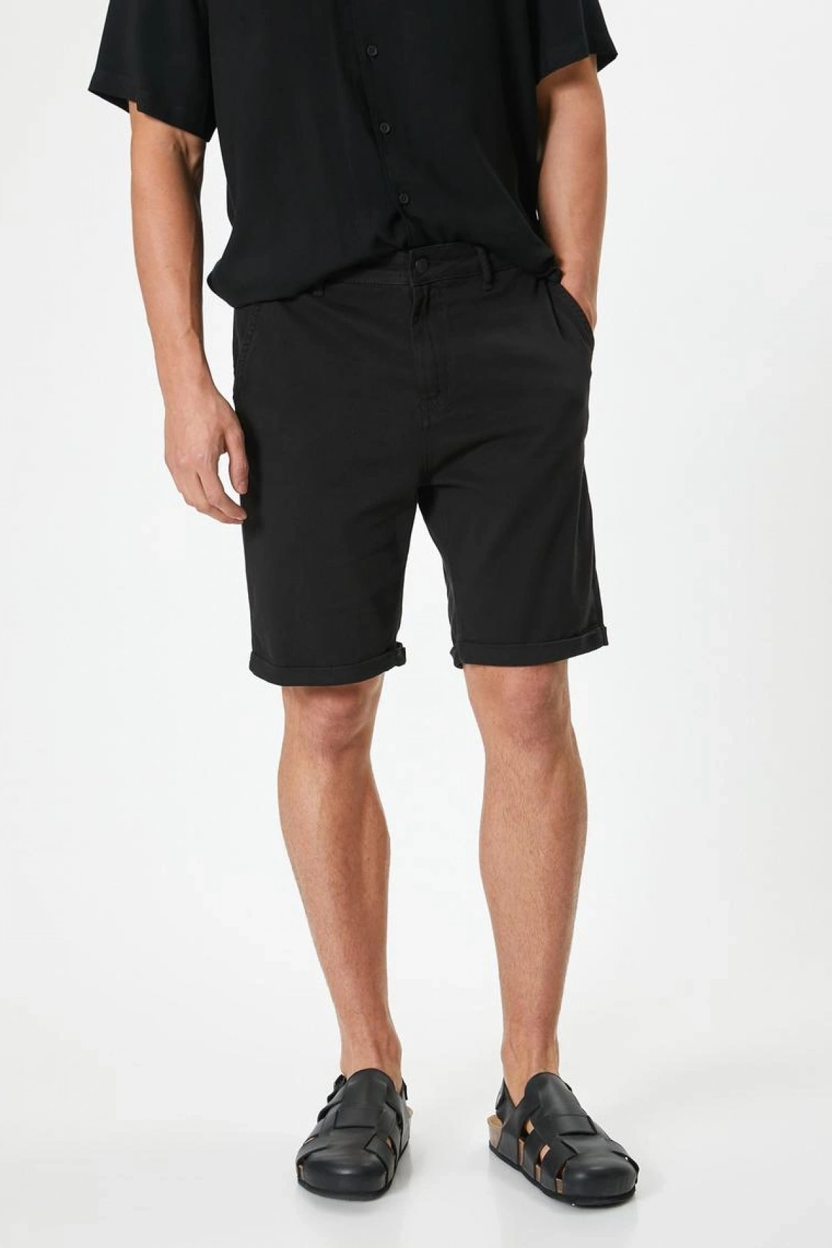 Kumaş Şort Bermuda Chino Slim Fit Düğmeli Cepli Katlı Paça