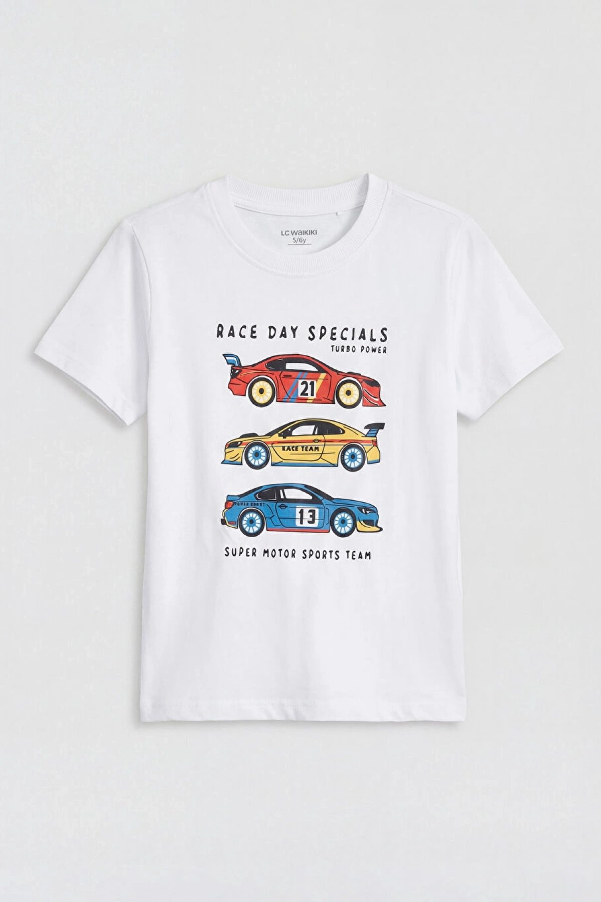 LCW Kids Beyaz Bisiklet Yaka Baskılı Erkek Çocuk Tişört