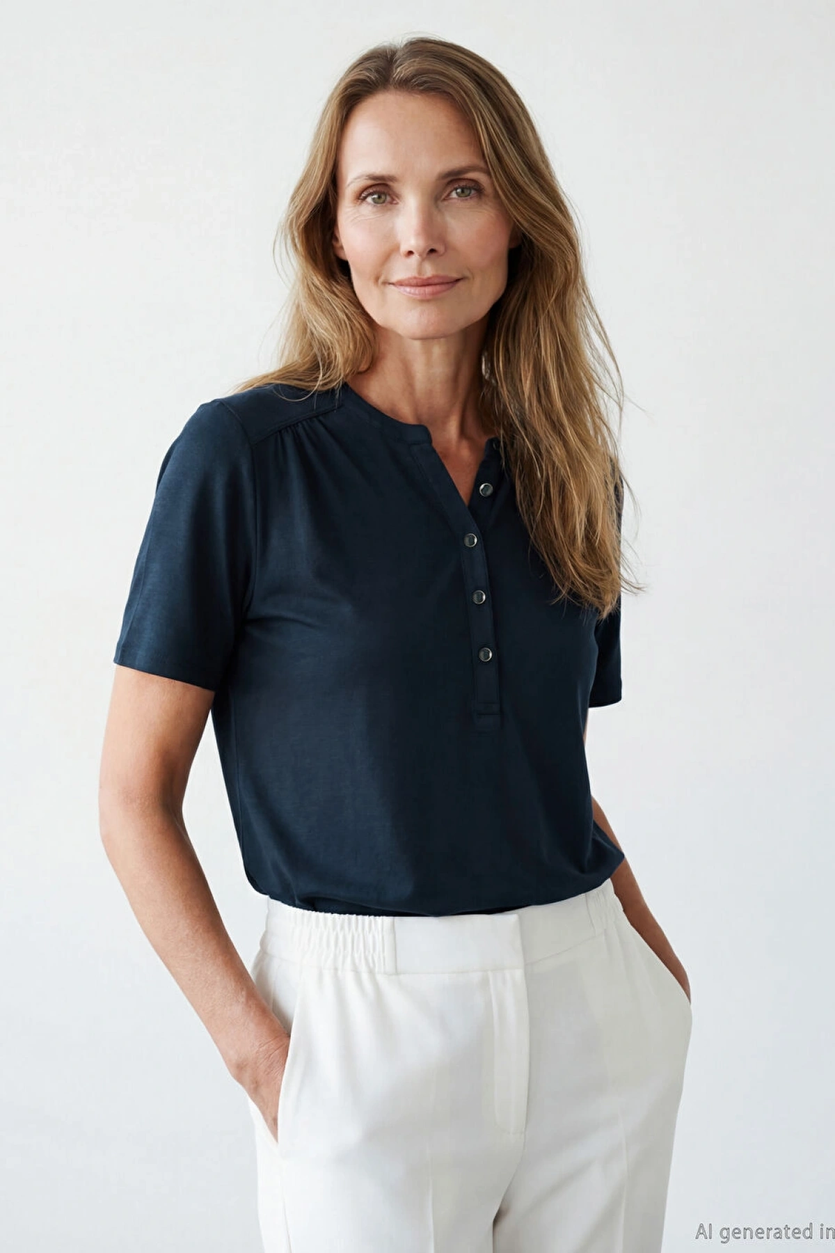 LCW Grace Lacivert Kaçık Yaka Büzgülü Kadın Tişört