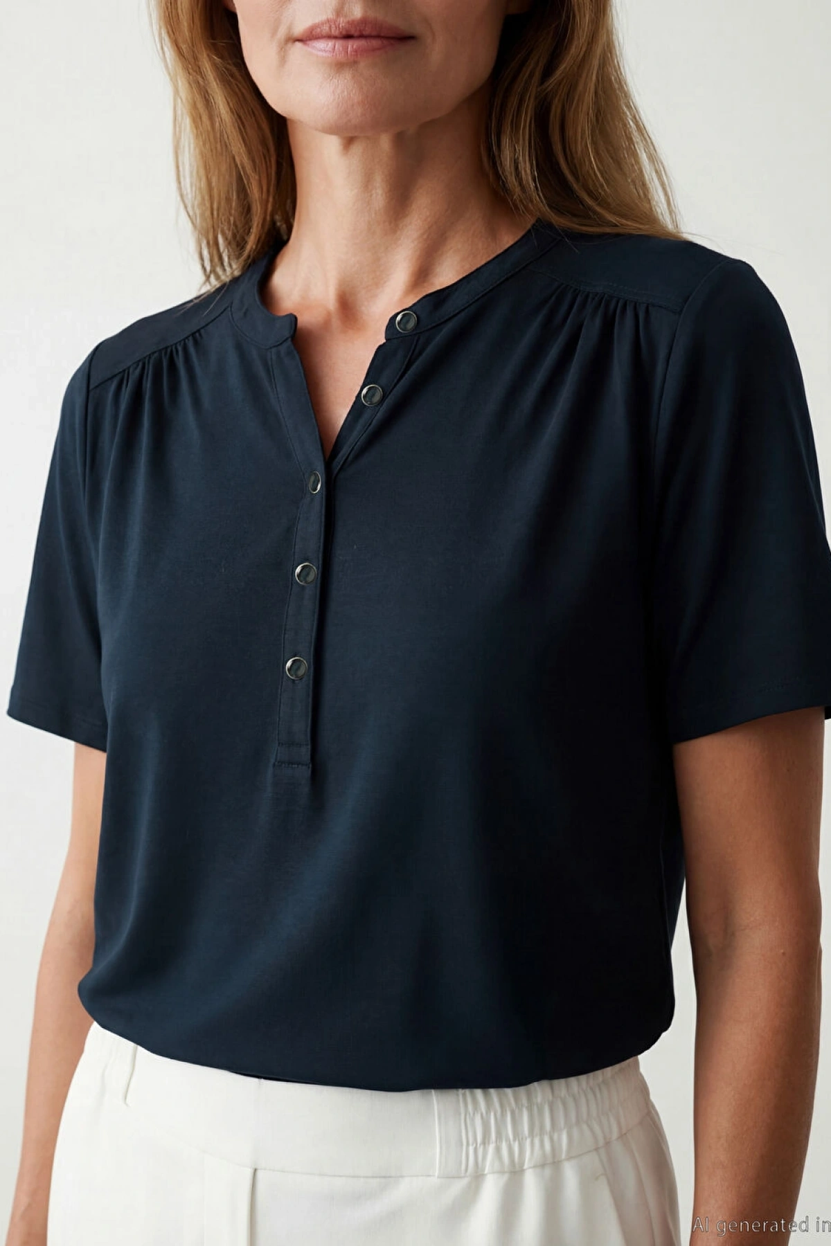 LCW Grace Lacivert Kaçık Yaka Büzgülü Kadın Tişört