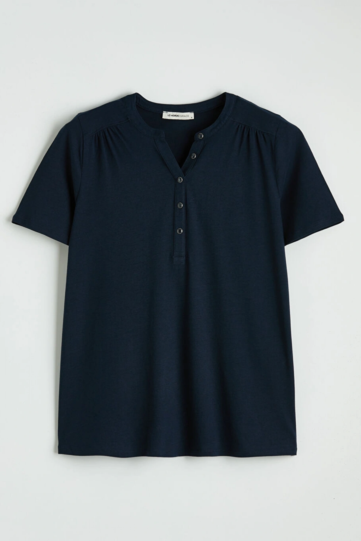 LCW Grace Lacivert Kaçık Yaka Büzgülü Kadın Tişört