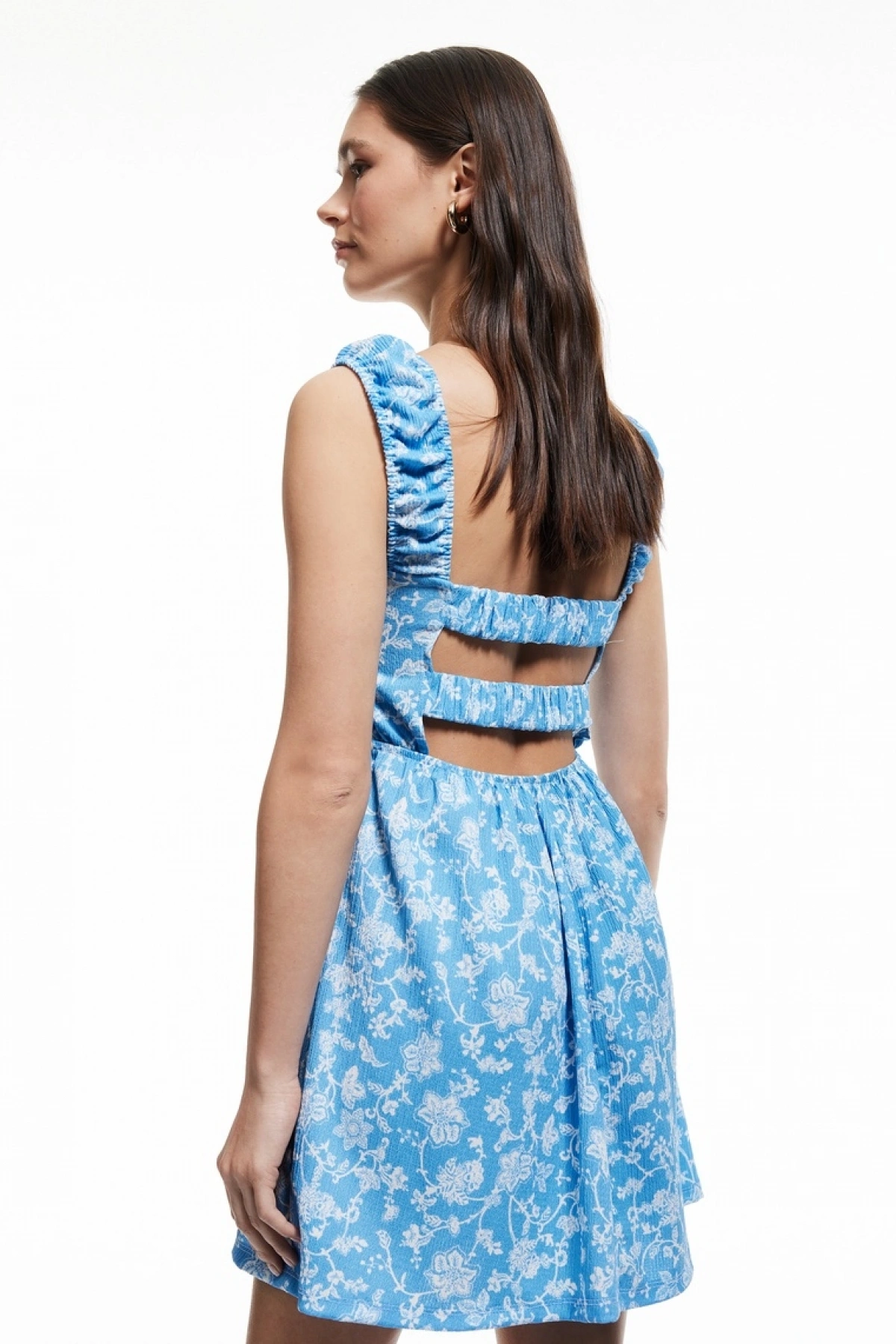 Kare Yaka Kalın Askılı Sırt Detaylı Önü Bağcıklı Çiçekli Mini Elbise Bürümcük