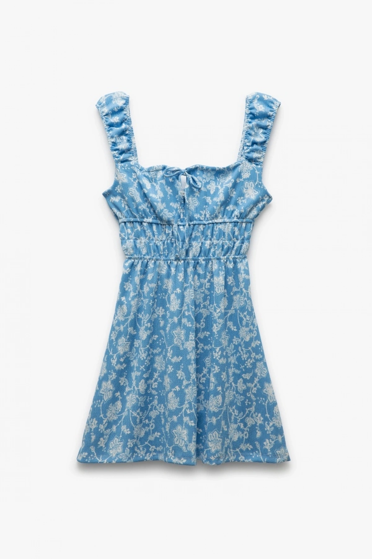 Kare Yaka Kalın Askılı Sırt Detaylı Önü Bağcıklı Çiçekli Mini Elbise Bürümcük