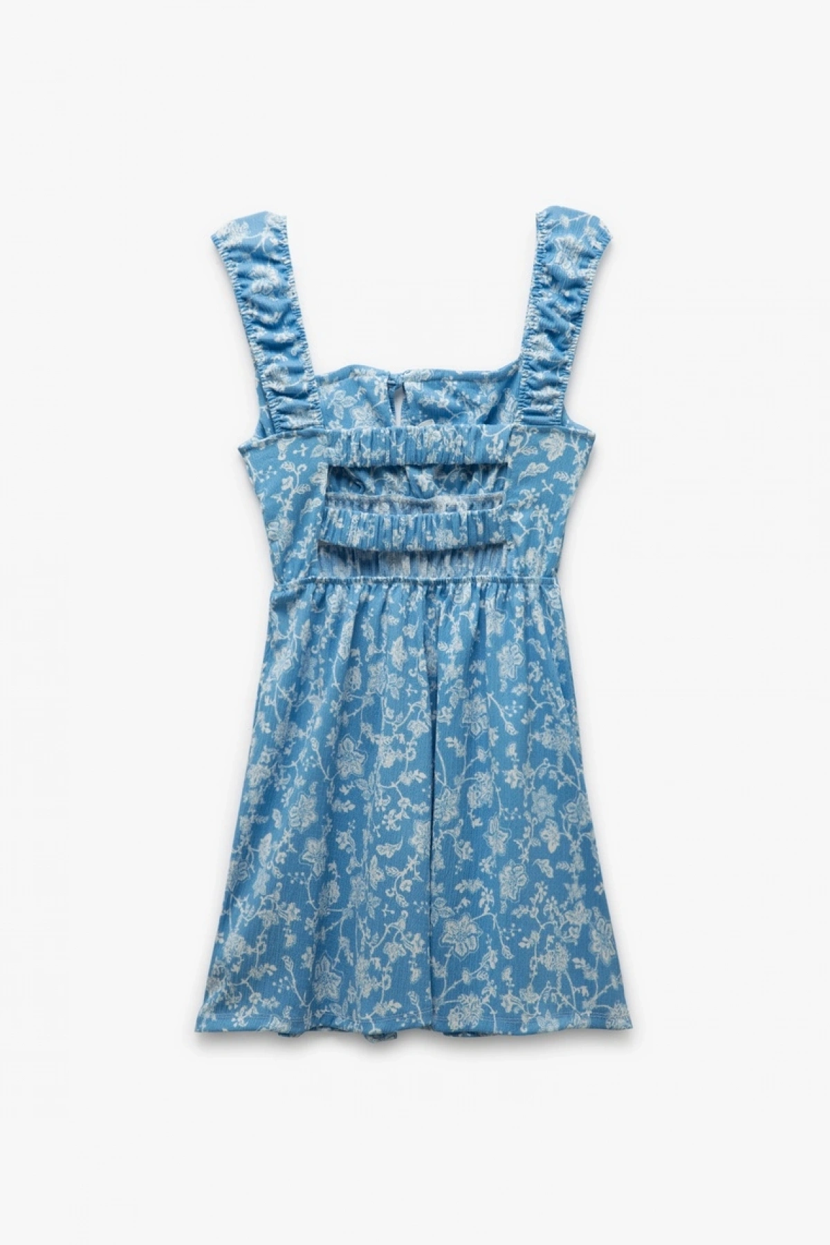 Kare Yaka Kalın Askılı Sırt Detaylı Önü Bağcıklı Çiçekli Mini Elbise Bürümcük