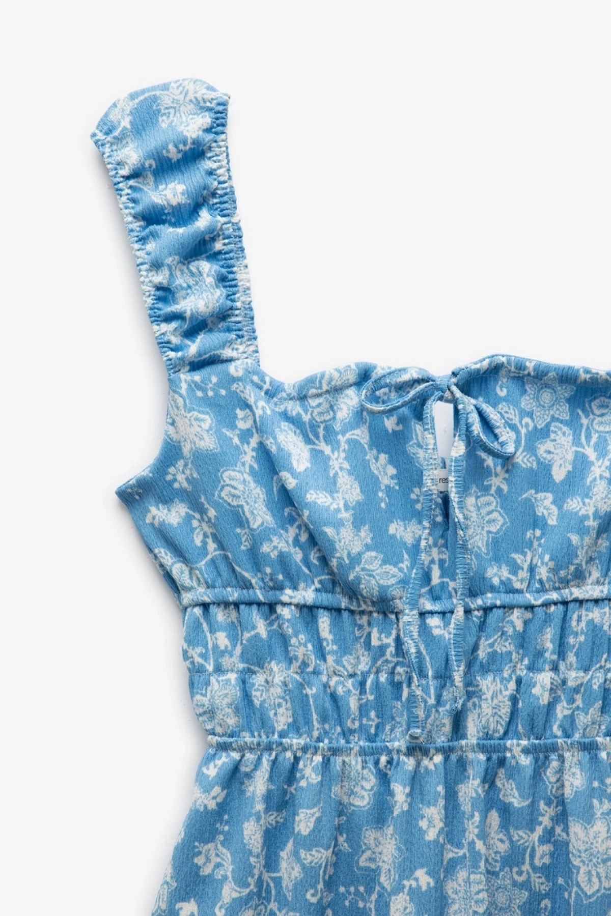 Kare Yaka Kalın Askılı Sırt Detaylı Önü Bağcıklı Çiçekli Mini Elbise Bürümcük