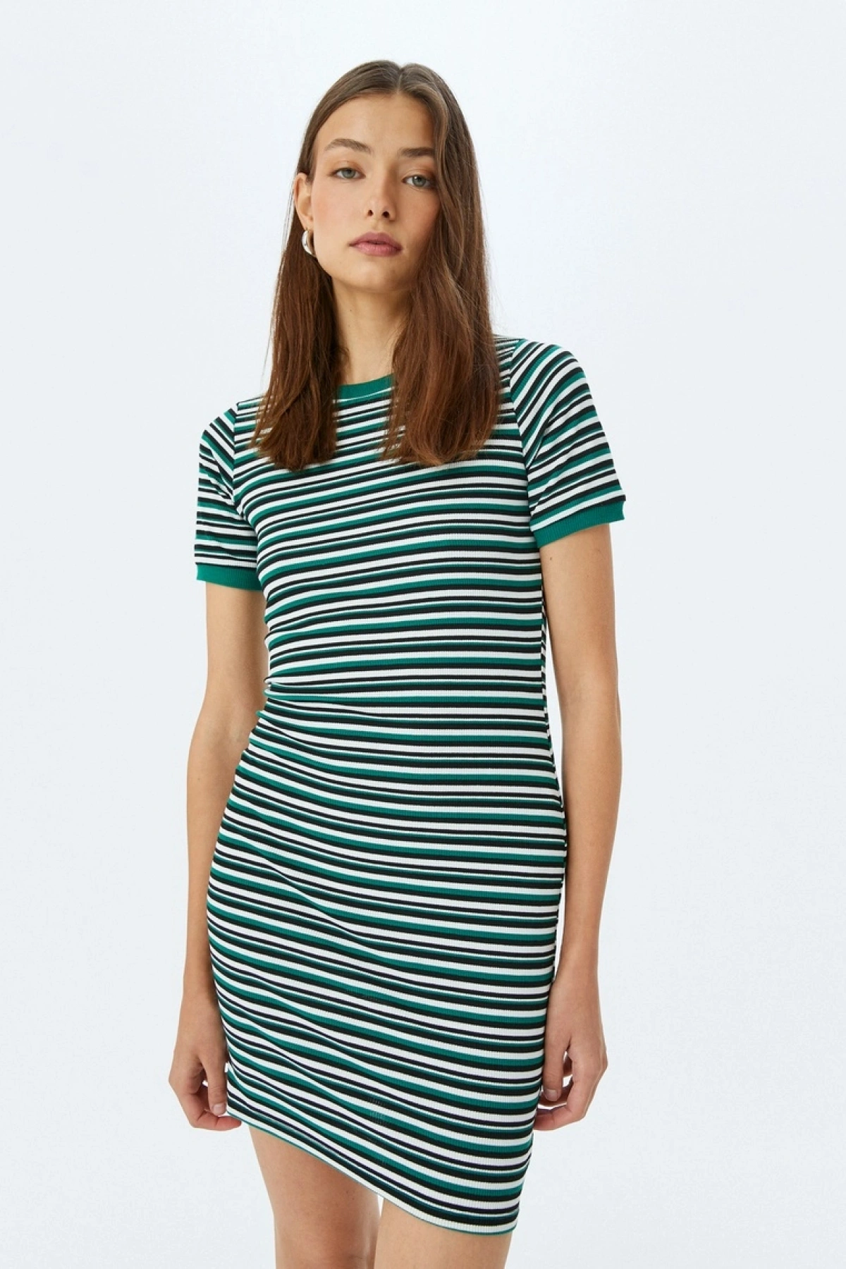 Bisiklet Yaka Kısa Kollu Fitilli Mini Bodycon Elbise