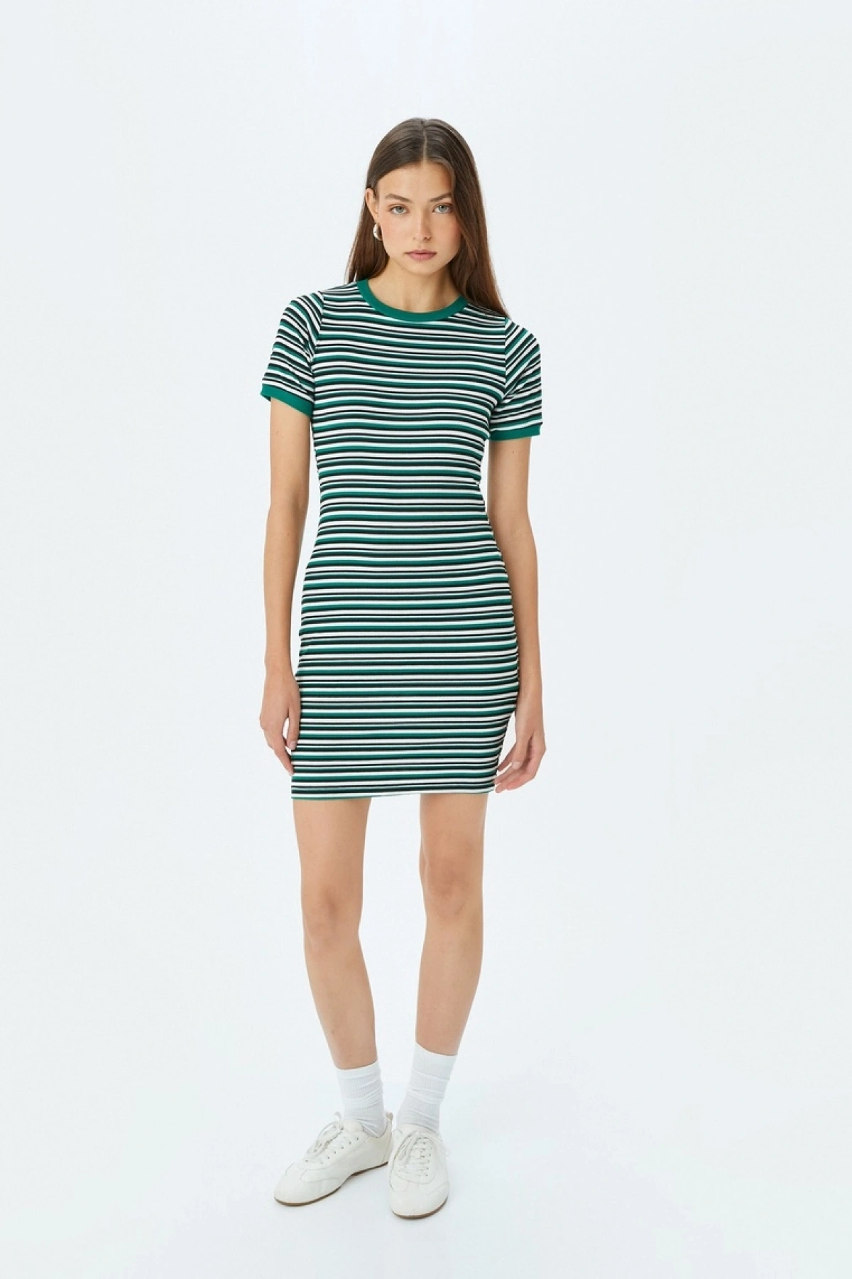 Bisiklet Yaka Kısa Kollu Fitilli Mini Bodycon Elbise