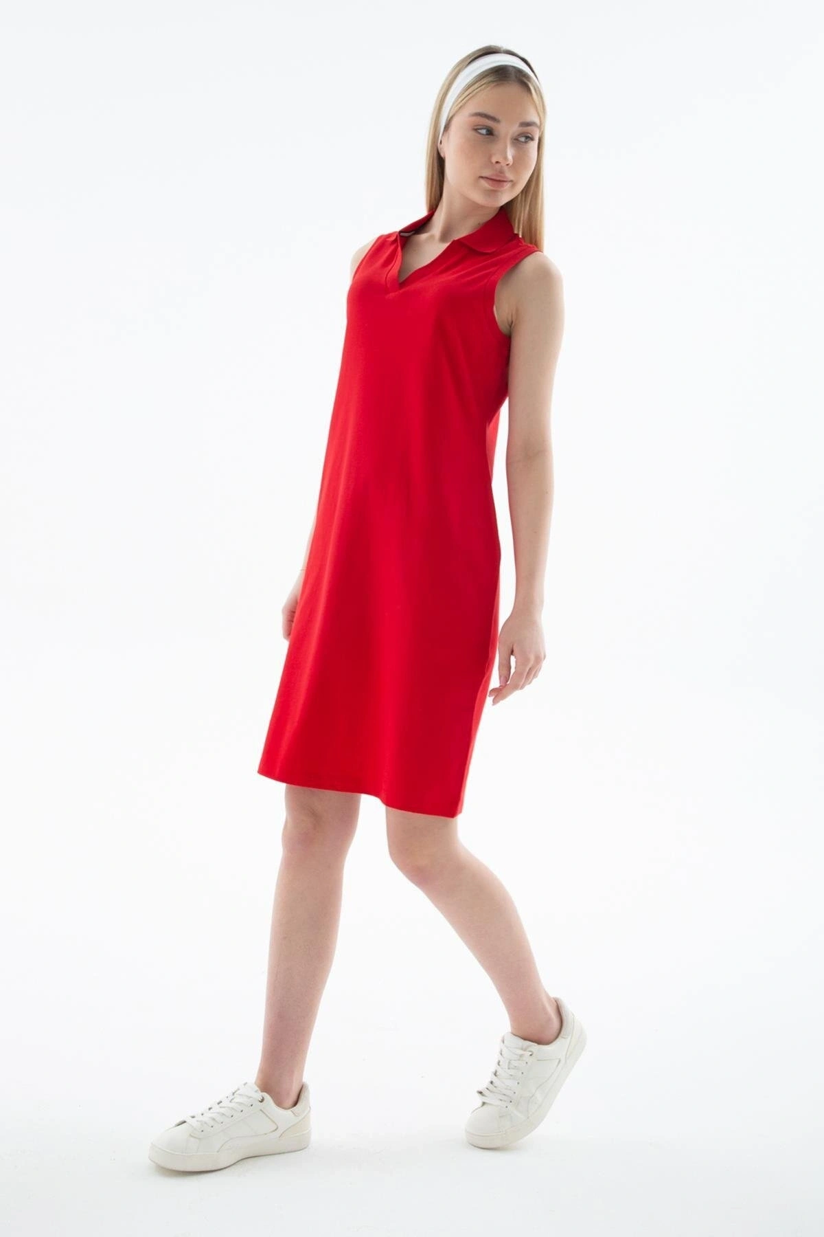Fashion Friends Polo V Yaka Kolsuz Elbise Kırmızı