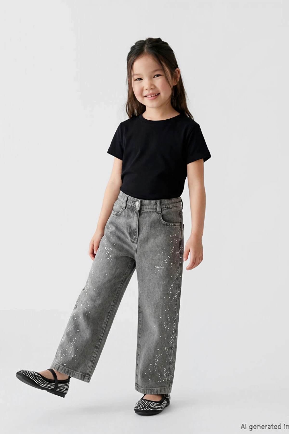 LCW Kids Gri Taş Işlemeli Kız Çocuk Jean Pantolon