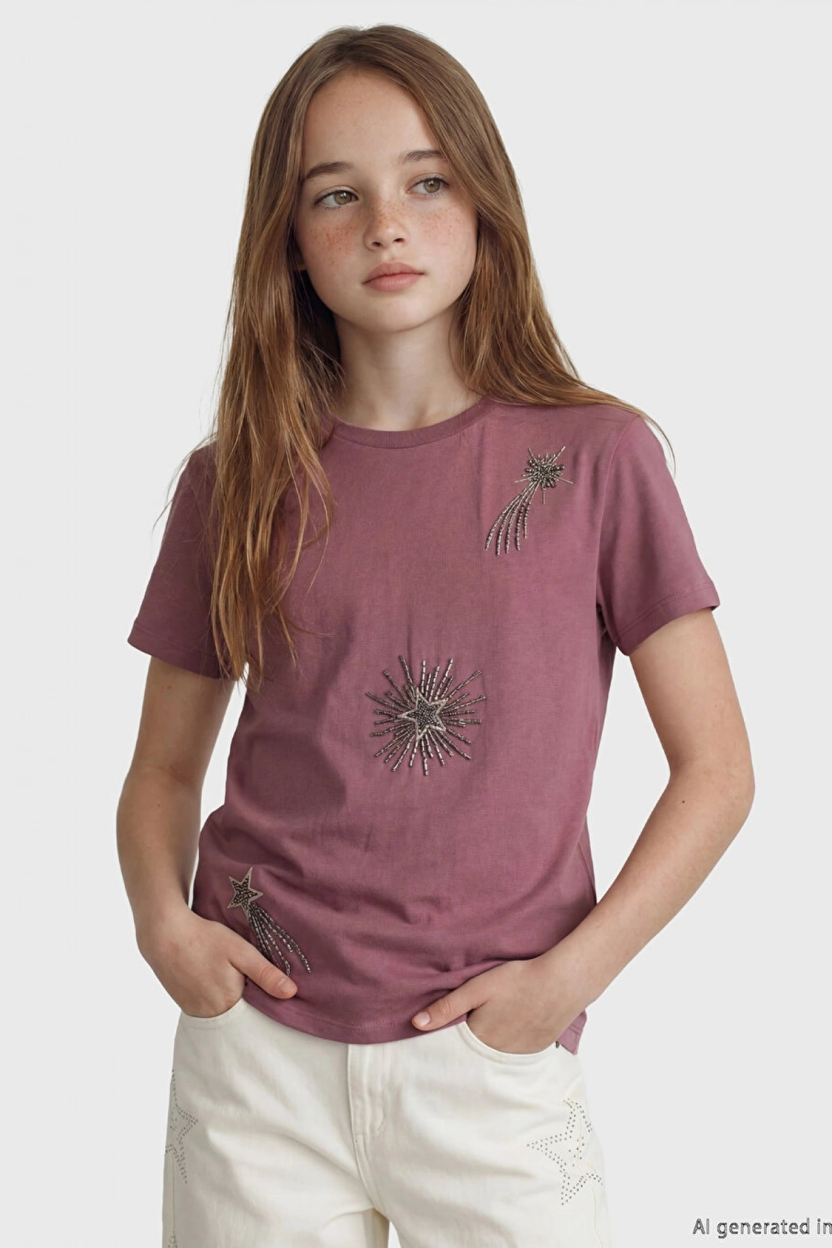 LCW Kids Pembe Bisiklet Yaka Boncuklu Kız Çocuk Tişört