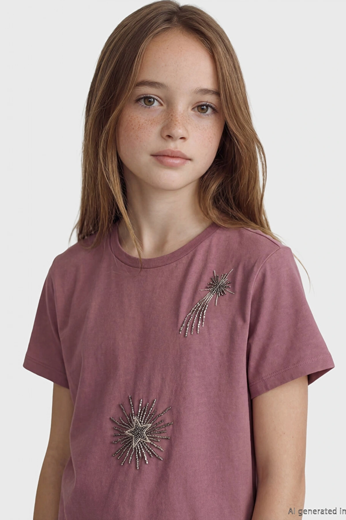 LCW Kids Pembe Bisiklet Yaka Boncuklu Kız Çocuk Tişört