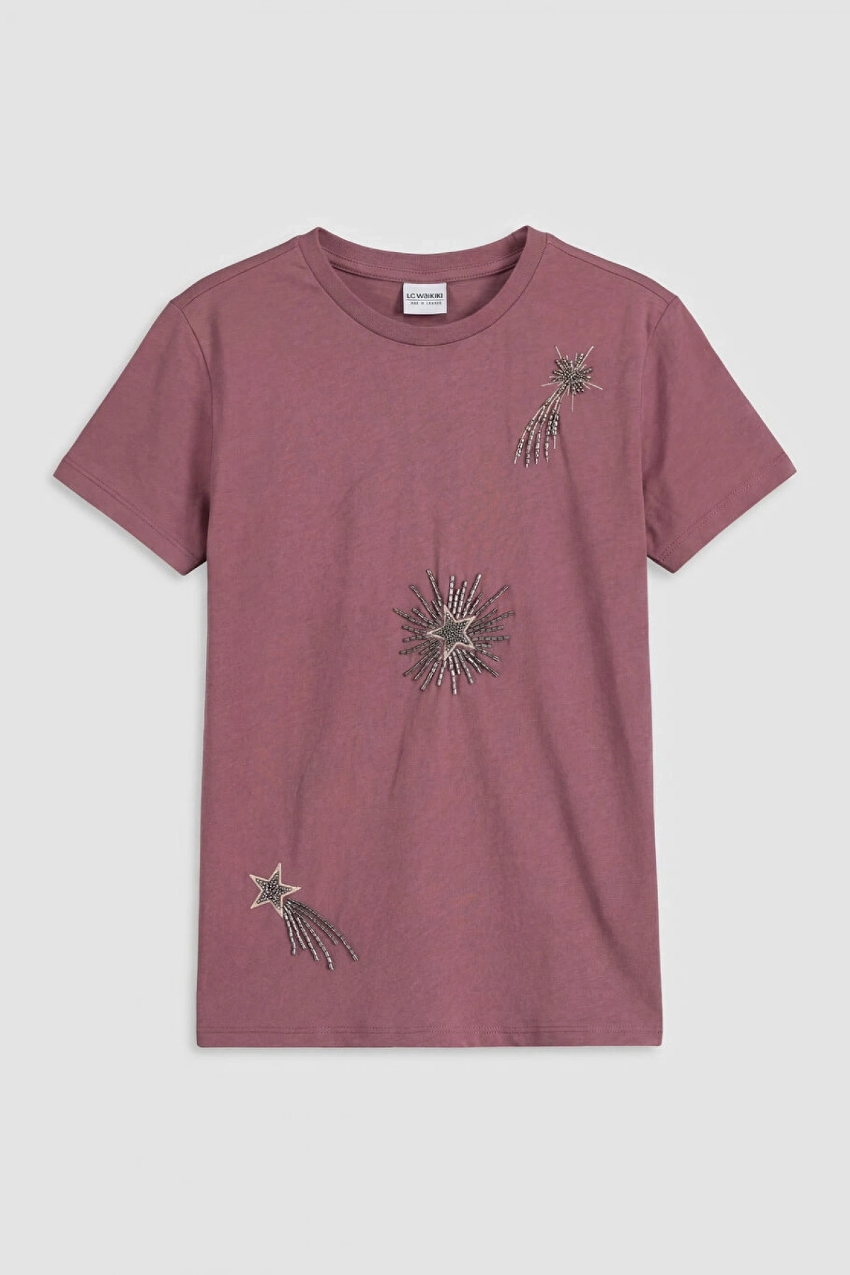 LCW Kids Pembe Bisiklet Yaka Boncuklu Kız Çocuk Tişört