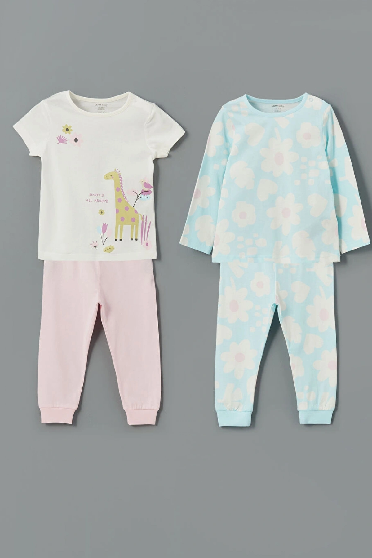 LCW baby Ekru Bisiklet Yaka Çiçekli Kız Bebek Pijama Takım 2li