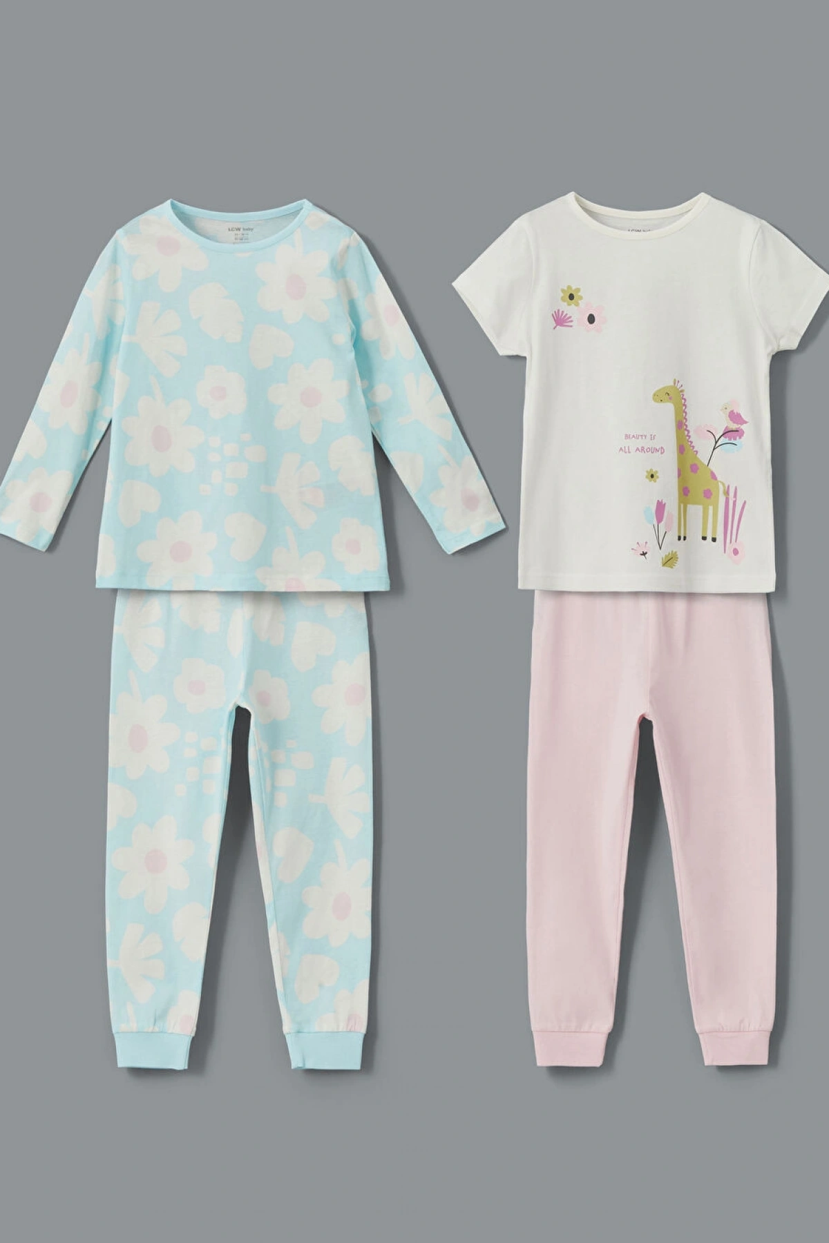 LCW baby Ekru Bisiklet Yaka Çiçekli Kız Bebek Pijama Takım 2li