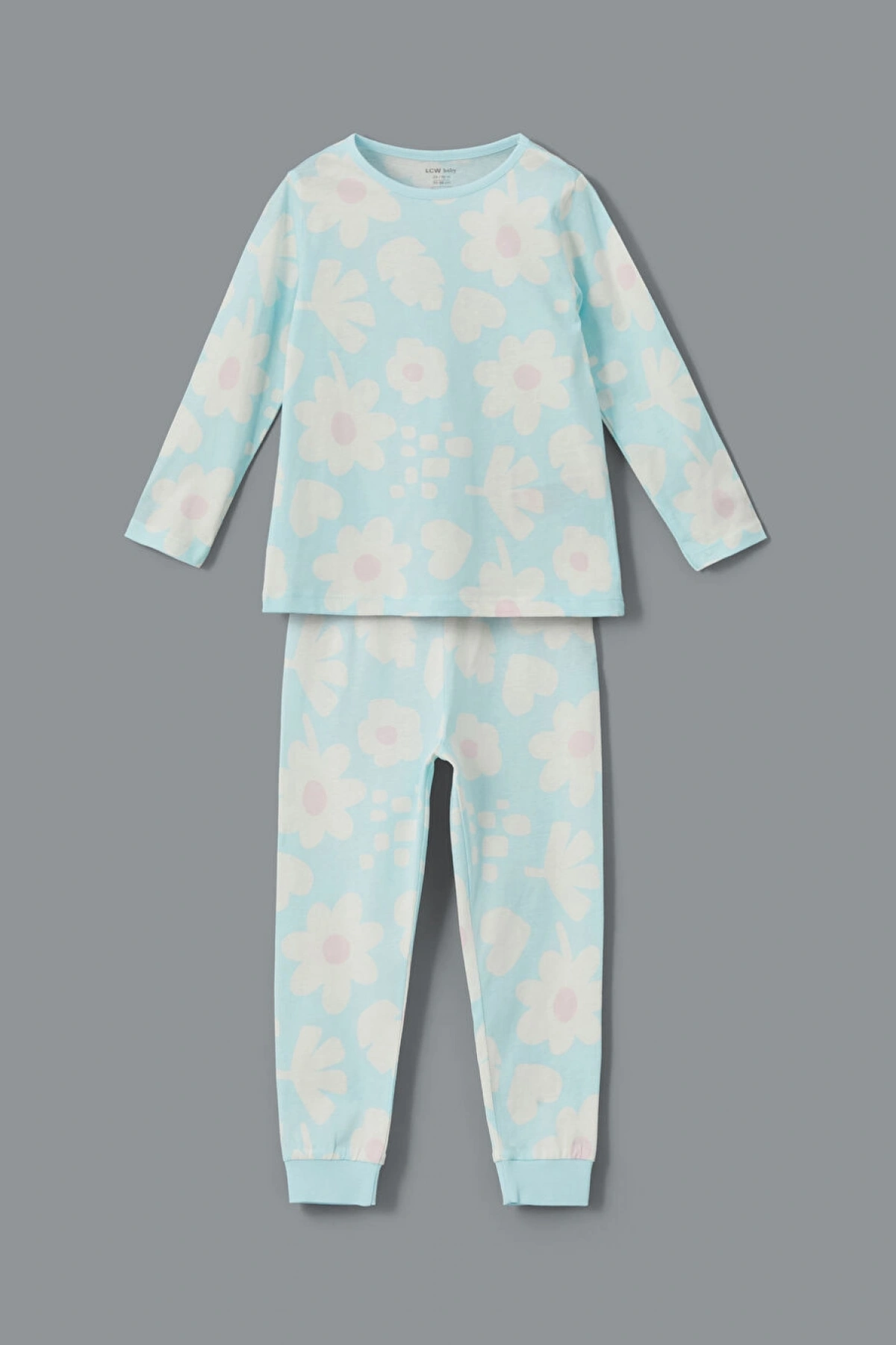 LCW baby Ekru Bisiklet Yaka Çiçekli Kız Bebek Pijama Takım 2li