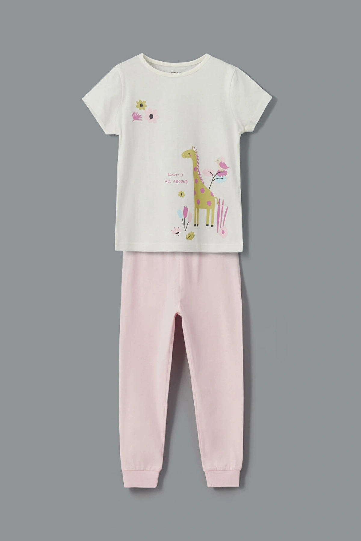 LCW baby Ekru Bisiklet Yaka Çiçekli Kız Bebek Pijama Takım 2li