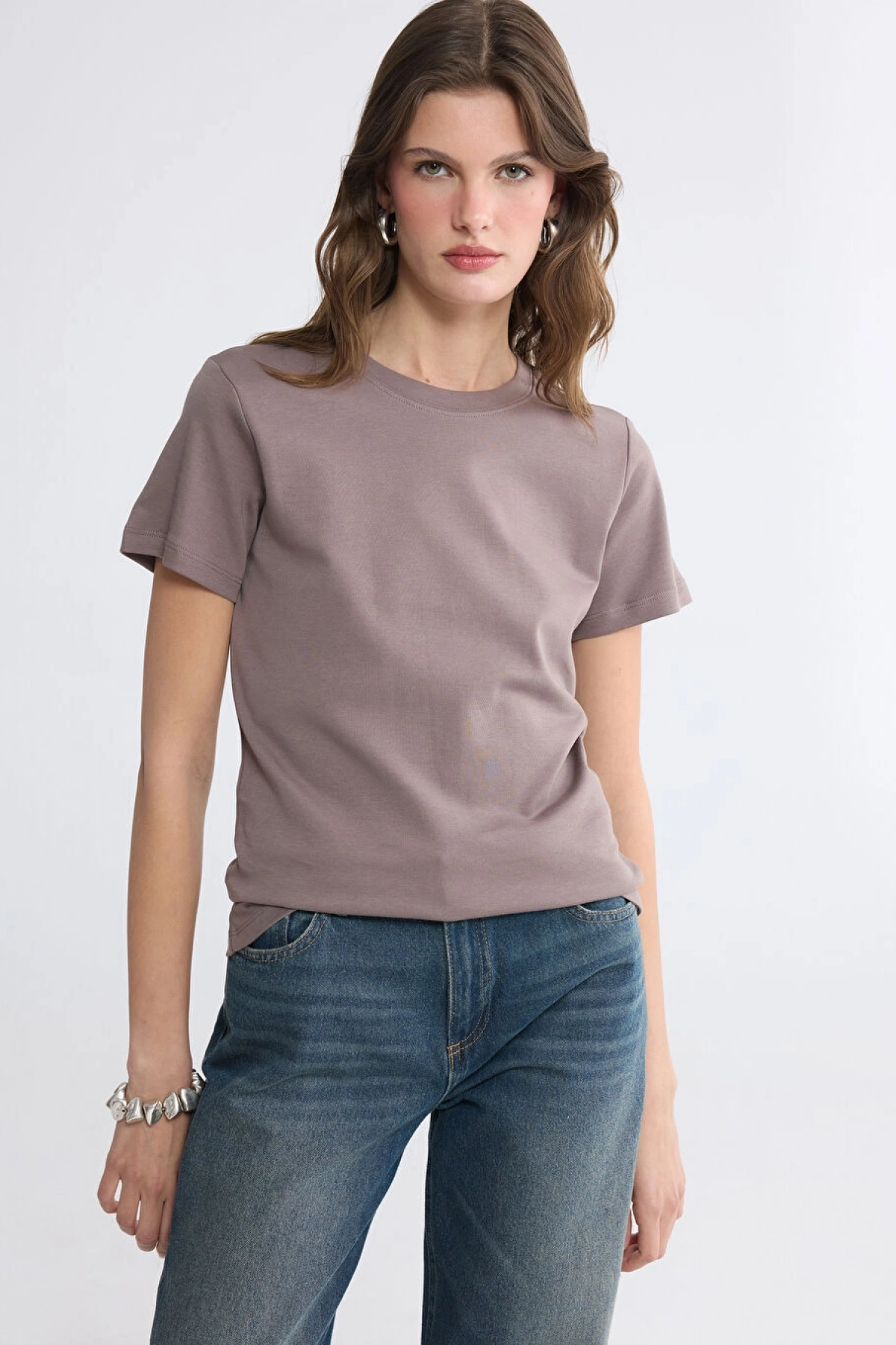 LCW EVERYDAY Kahverengi Bisiklet Yaka Kadın Tişört