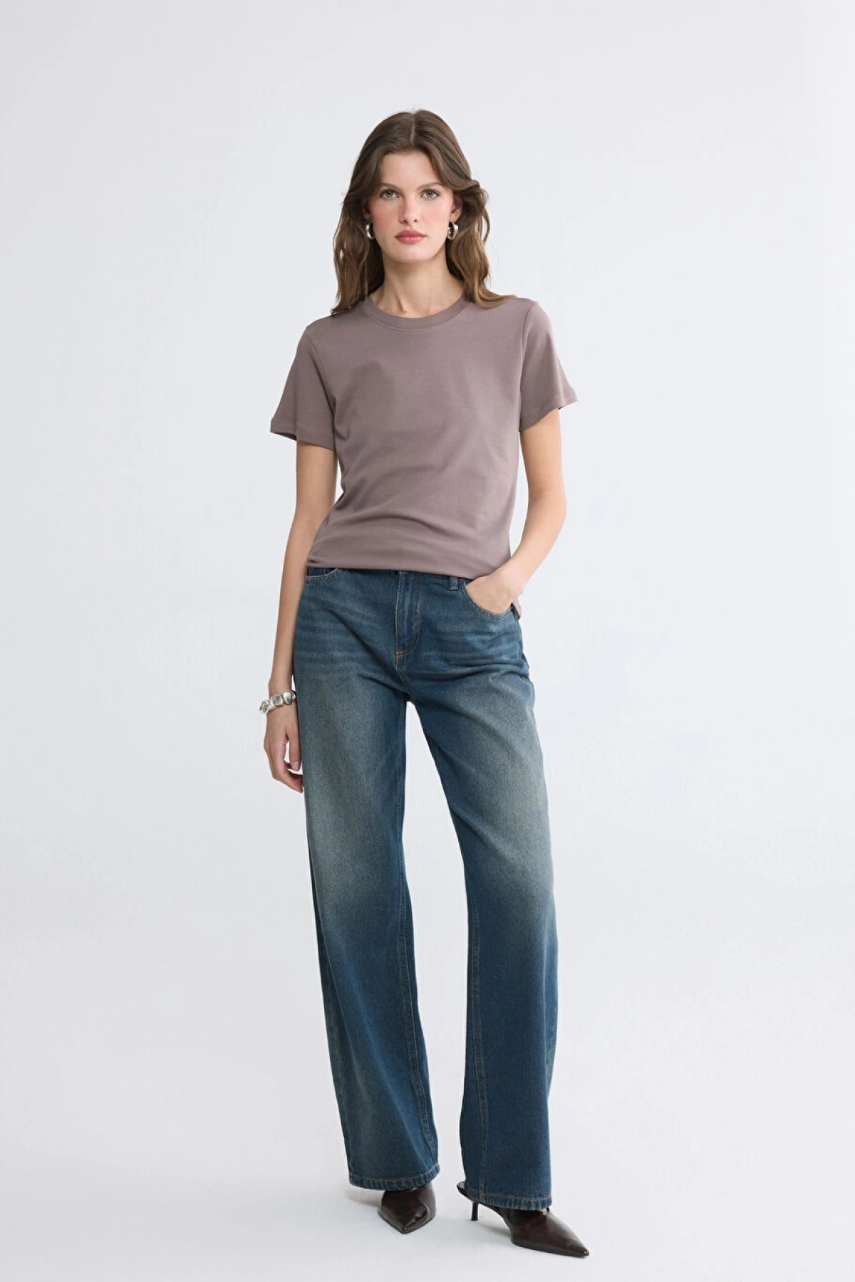 LCW EVERYDAY Kahverengi Bisiklet Yaka Kadın Tişört