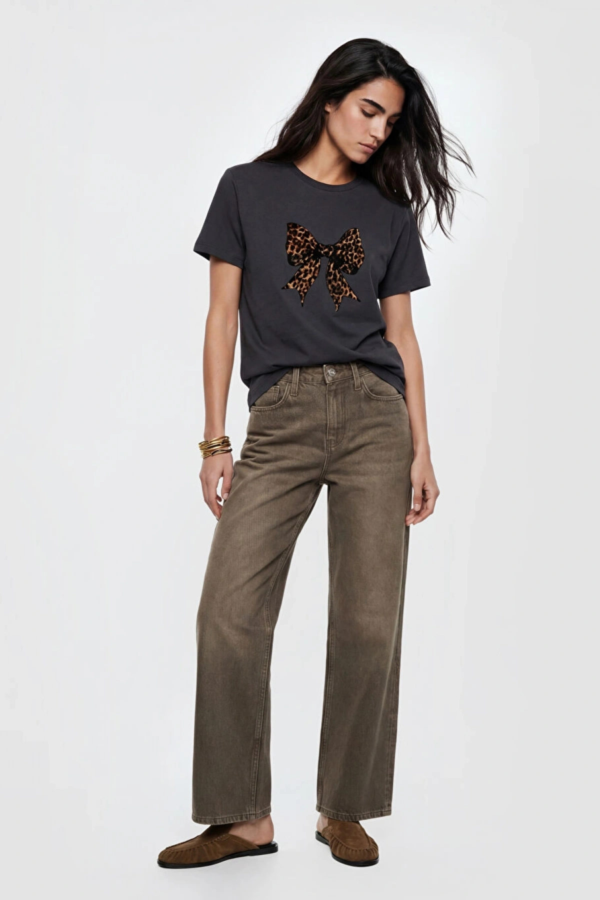 LCW Vision Siyah Bisiklet Yaka Fiyonk Baskılı Kadın Tişört