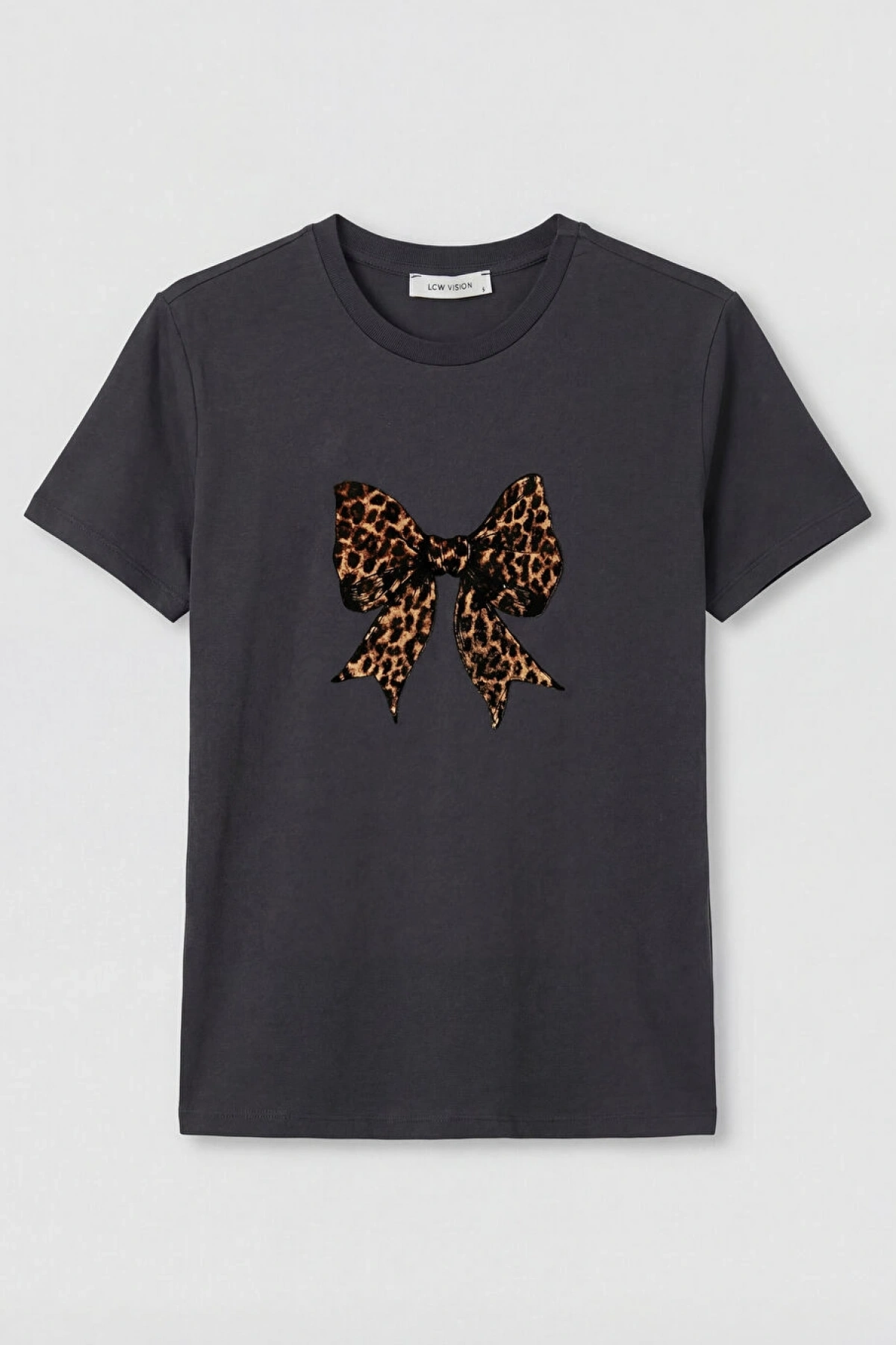 LCW Vision Siyah Bisiklet Yaka Fiyonk Baskılı Kadın Tişört