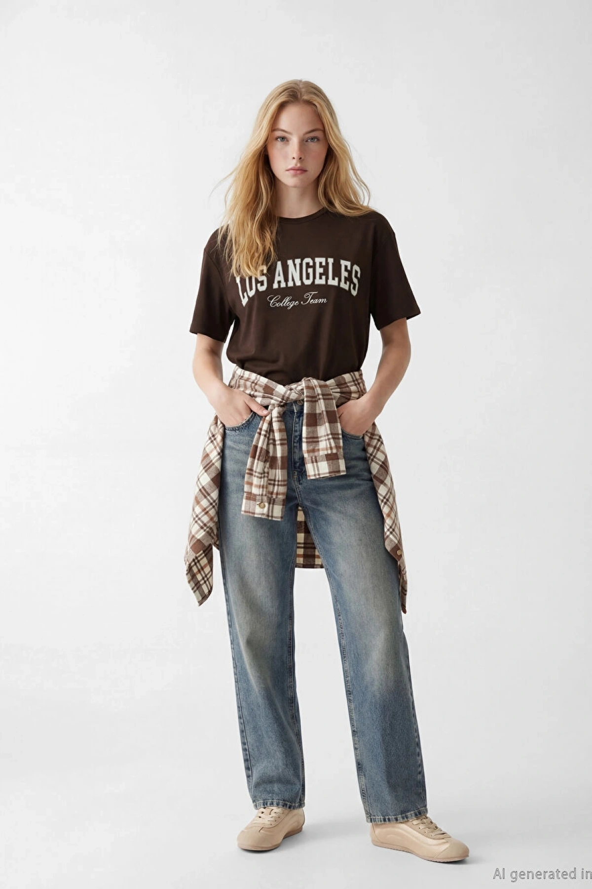 XSIDE Kahverengi Los Angeles Baskılı Soft Touch Kadın Tişört