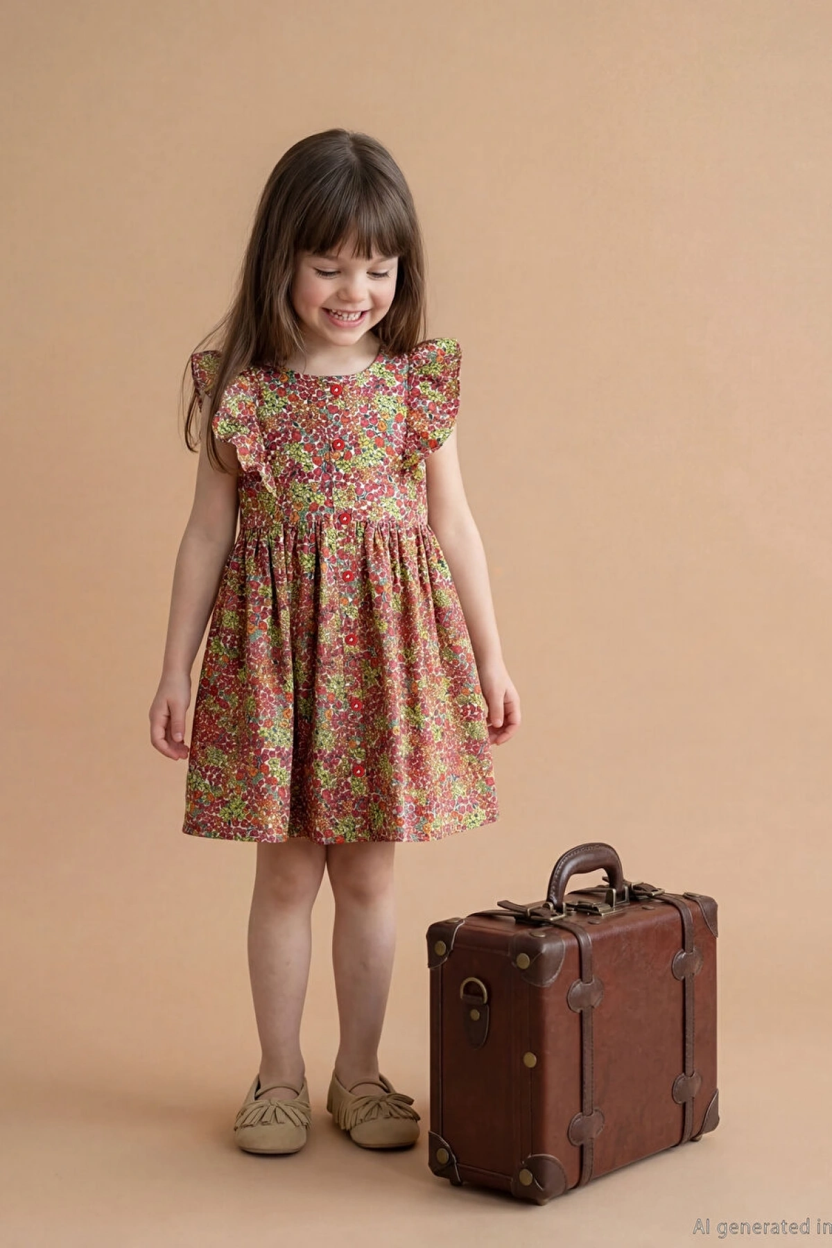 LCW Kids Ekru Fırfırlı Çiçek Desenli Kız Çocuk Elbise