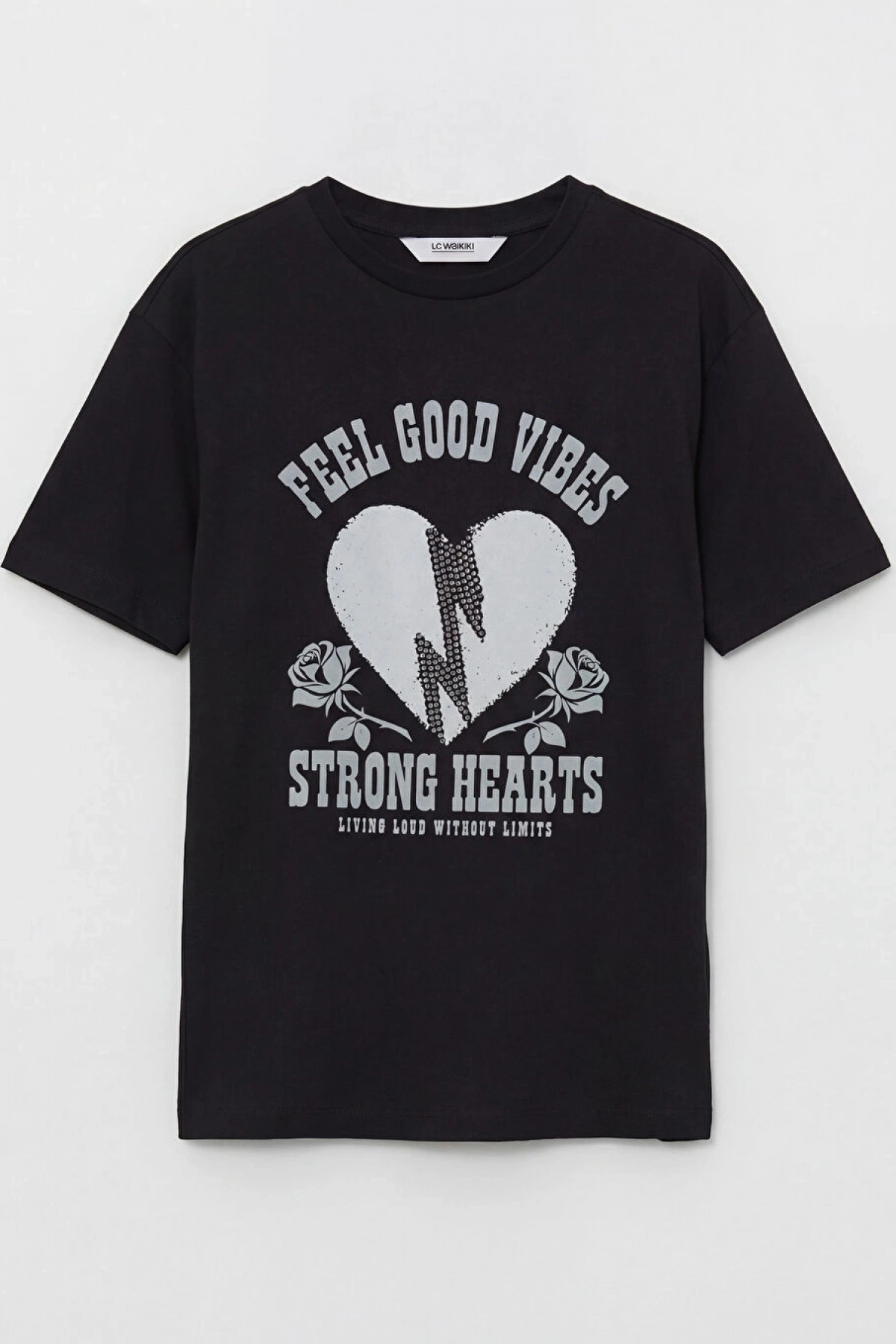 LCW Kids Siyah Baskılı Taş Detaylı Kız Çocuk Tişört