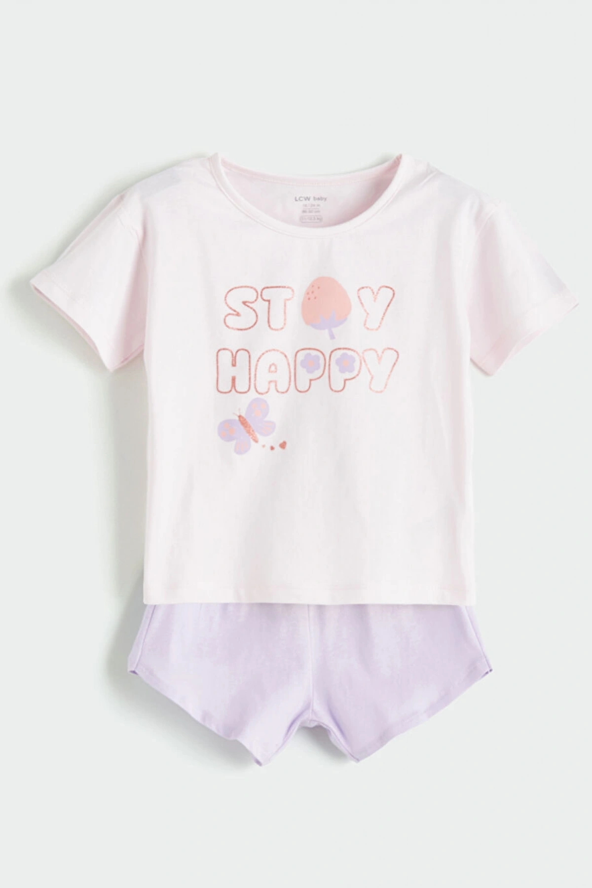 LCW baby Pembe Bisiklet Yaka Baskılı Kız Bebek Tişört Ve Şort 2li