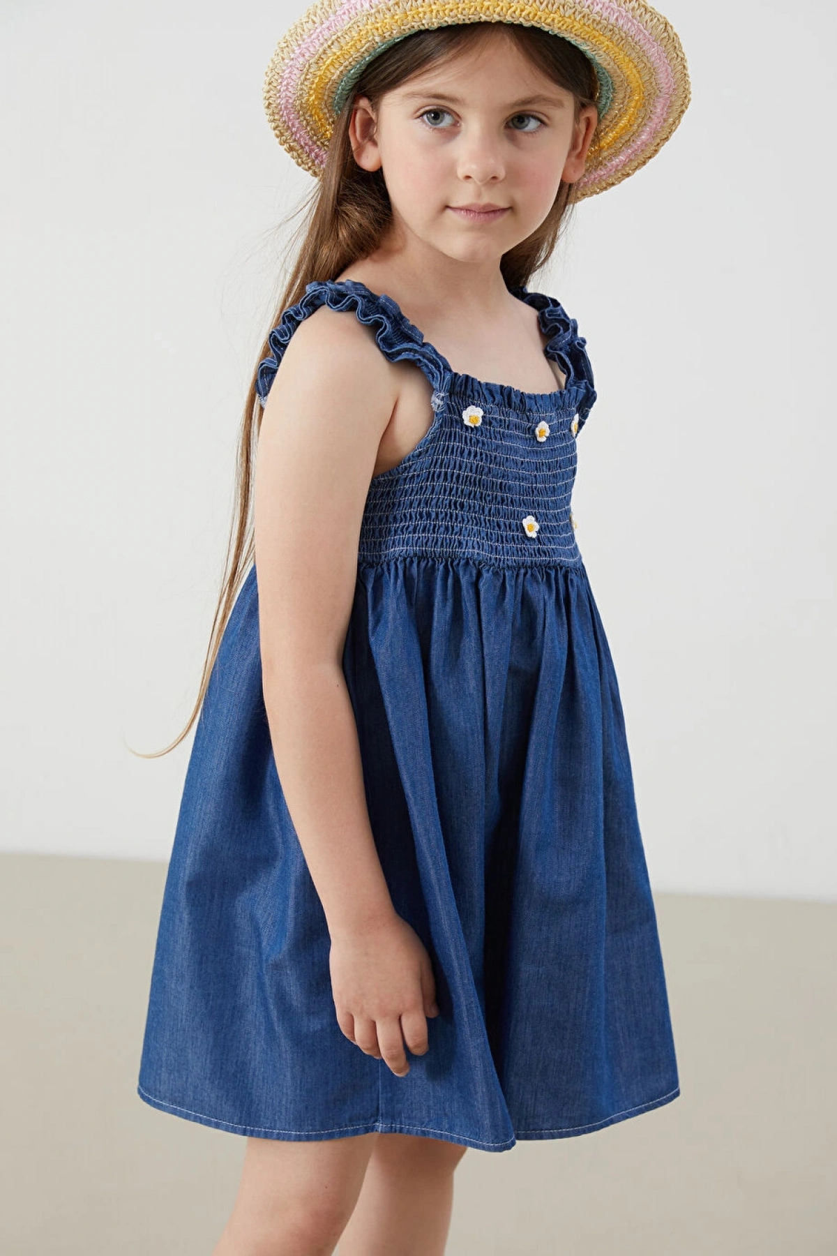 LCW Kids Mavi Çiçekli Kız Çocuk Jean Elbise