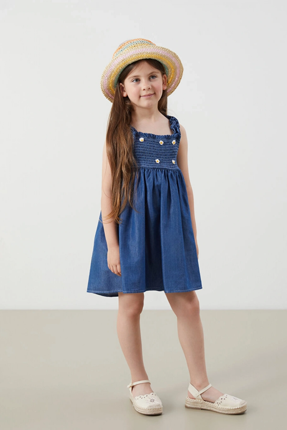 LCW Kids Mavi Çiçekli Kız Çocuk Jean Elbise