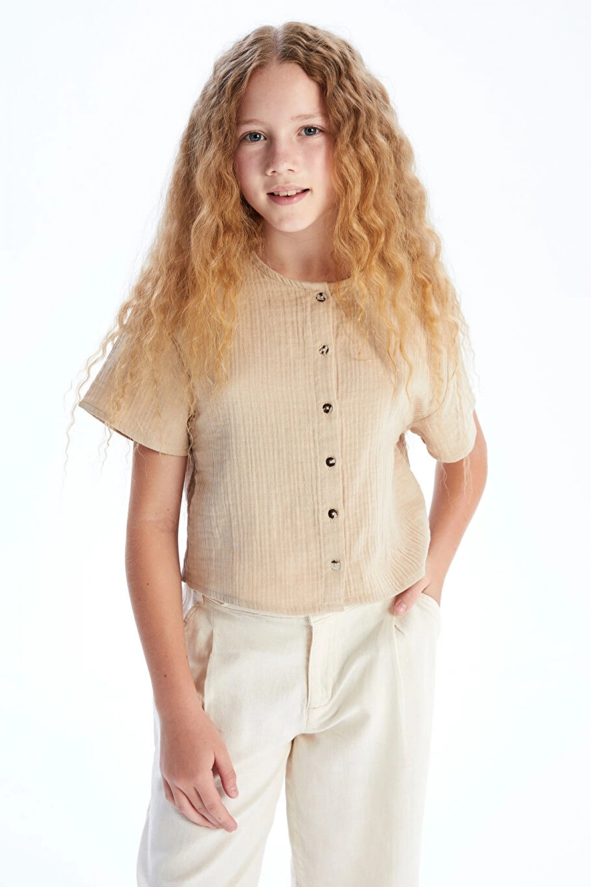 LCW Kids Bej Kısa Kollu Müslin Kız Çocuk Gömlek