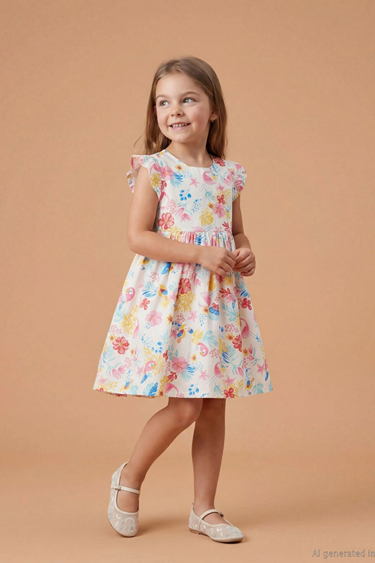 LCW Kids Ekru Bisiklet Yaka Çiçekli Kız Çocuk Elbise