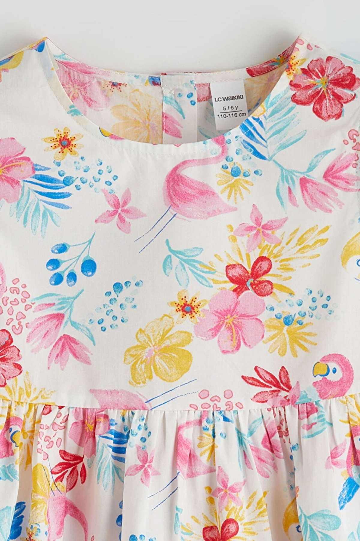 LCW Kids Ekru Bisiklet Yaka Çiçekli Kız Çocuk Elbise