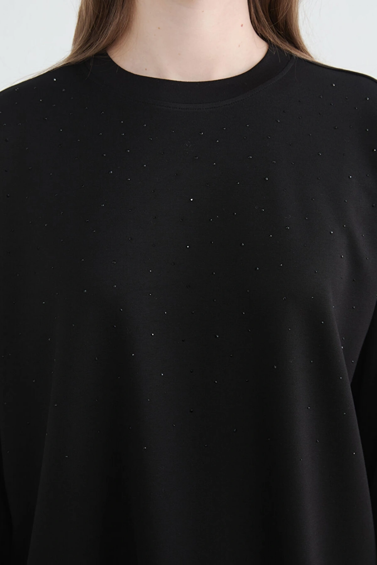 LCW Modest Siyah Bisiklet Yaka Kadın Sweatshirt Tunik