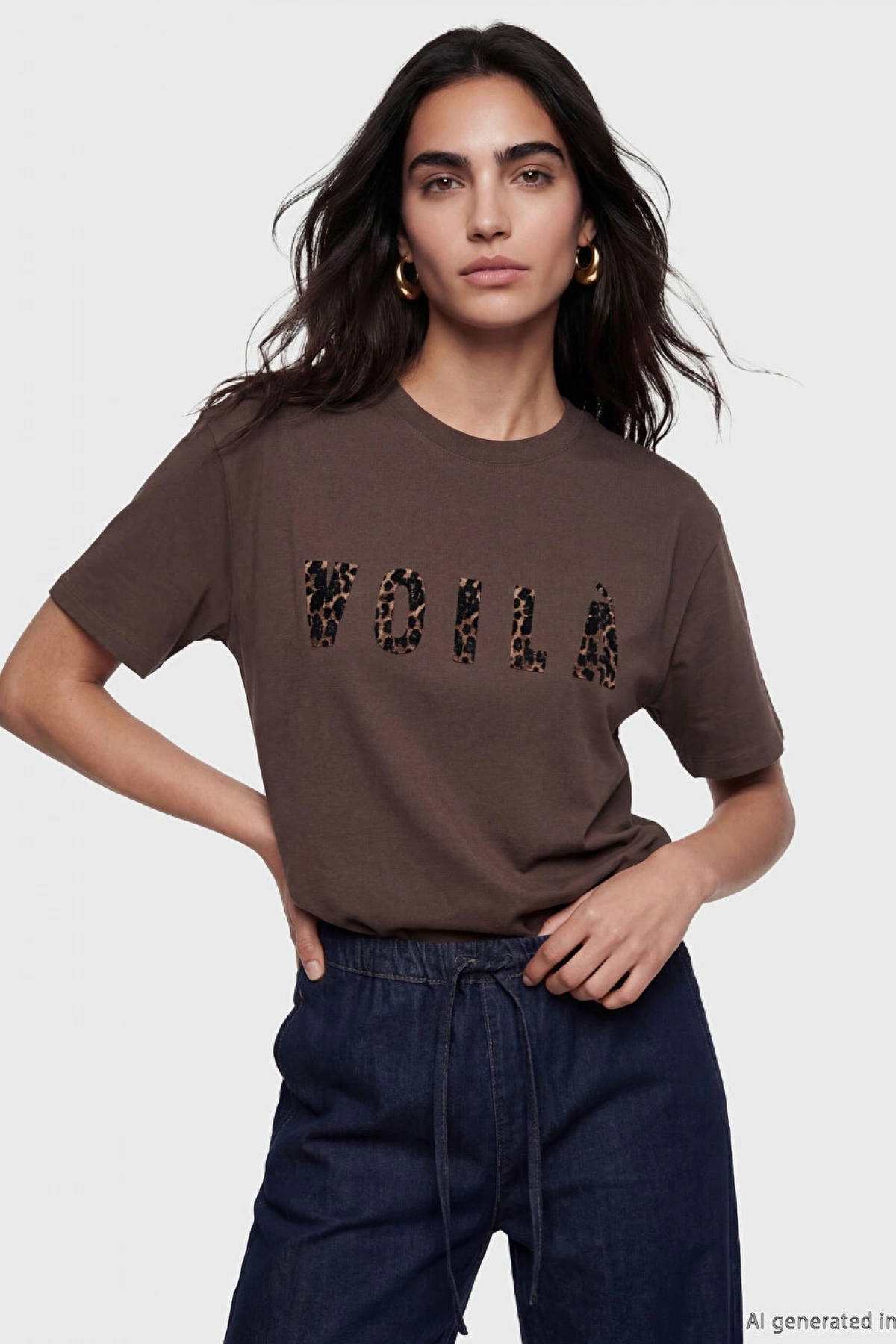 LCW Vision Kahverengi Bisiklet Yaka Baskılı Oversize Kadın Tişört