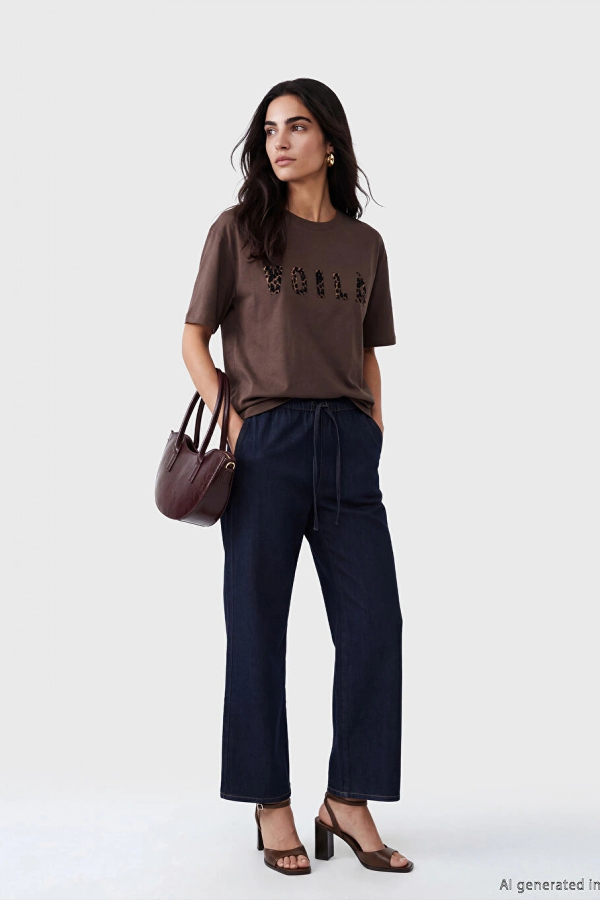 LCW Vision Kahverengi Bisiklet Yaka Baskılı Oversize Kadın Tişört