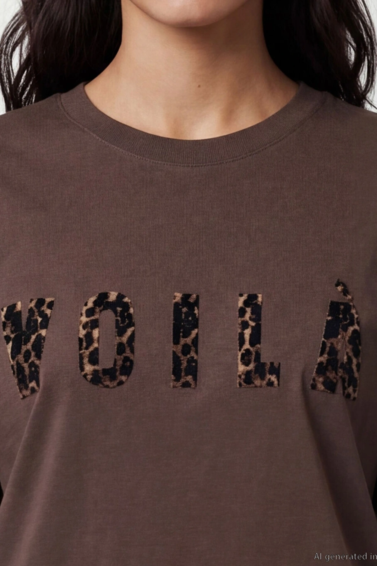 LCW Vision Kahverengi Bisiklet Yaka Baskılı Oversize Kadın Tişört