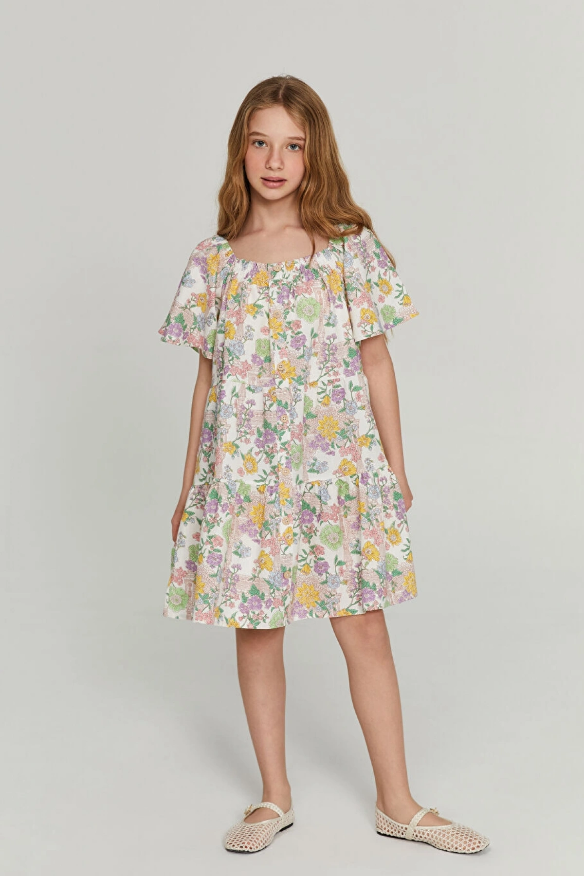 LCW Kids Ekru Kare Yaka Çiçekli Kız Çocuk Elbise