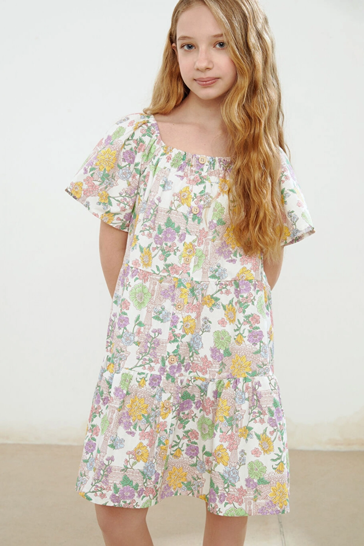 LCW Kids Ekru Kare Yaka Çiçekli Kız Çocuk Elbise