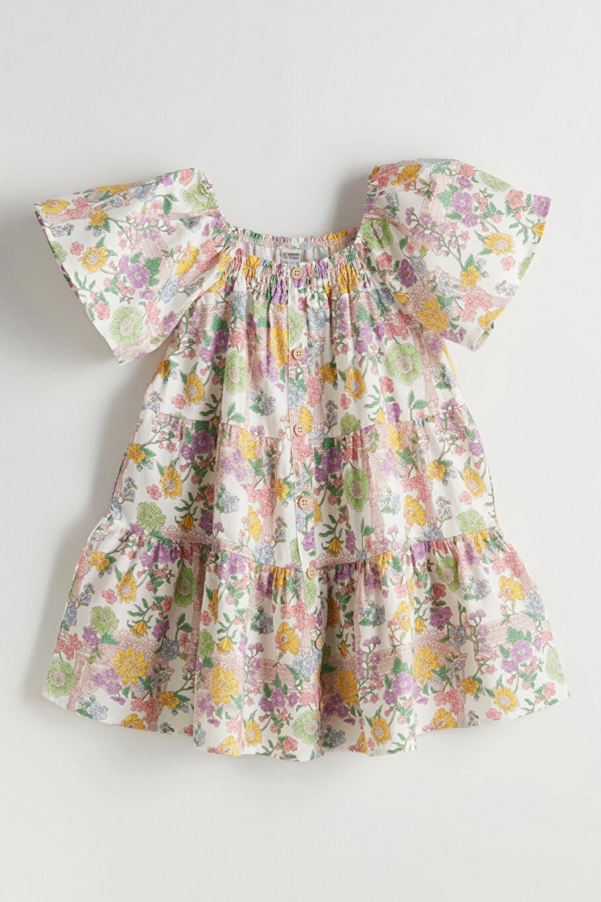 LCW Kids Ekru Kare Yaka Çiçekli Kız Çocuk Elbise