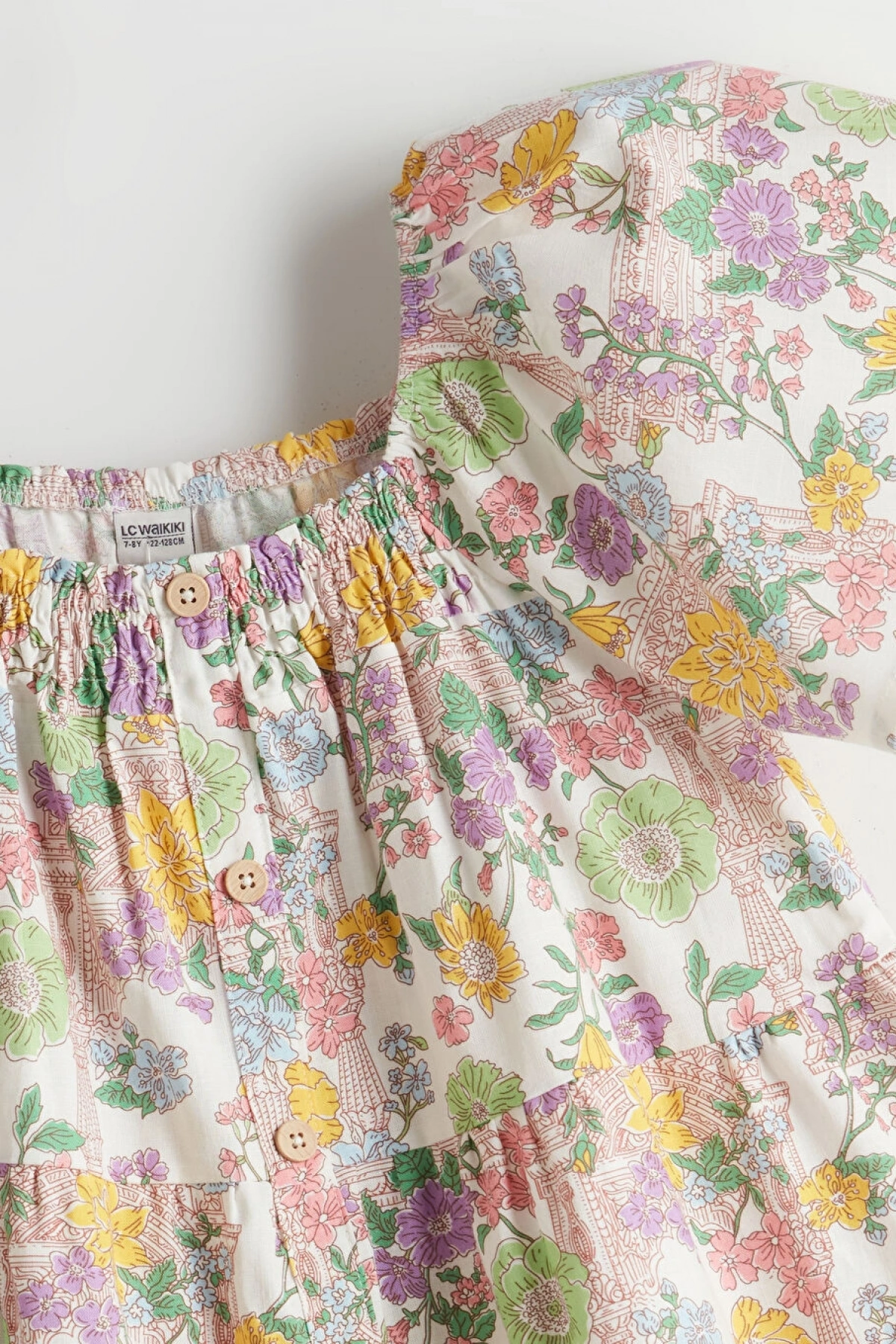 LCW Kids Ekru Kare Yaka Çiçekli Kız Çocuk Elbise