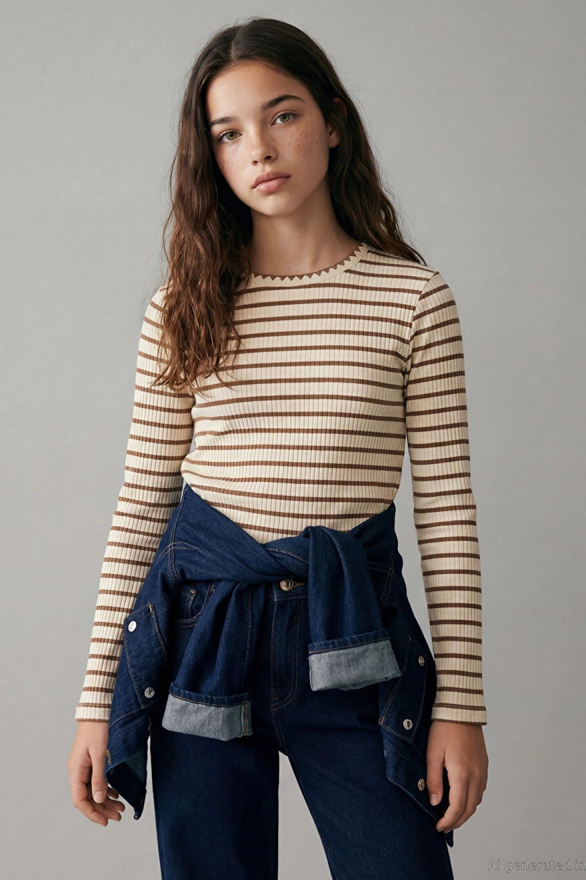 LCW Kids Bej Bisiklet Yaka Çizgili Kız Çocuk Tişört