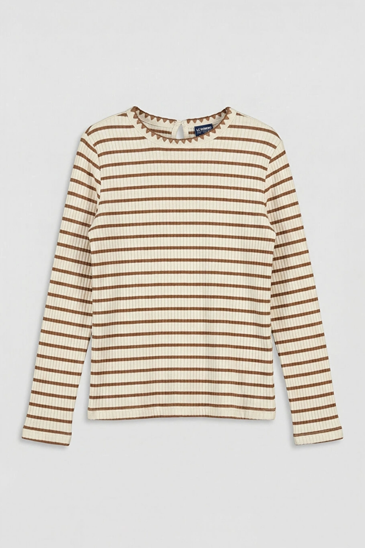 LCW Kids Bej Bisiklet Yaka Çizgili Kız Çocuk Tişört