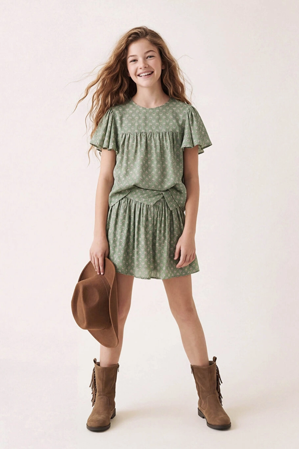 LCW Kids Yeşil Pileli Desenli Kız Çocuk Etek